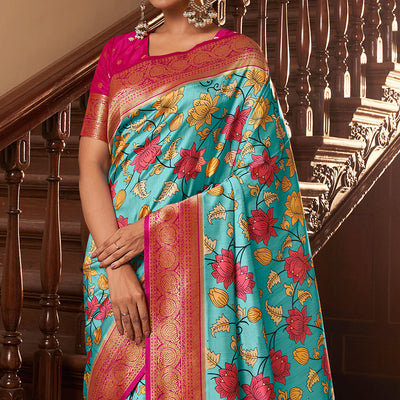 Ocean Blue Satin Crepe Saree