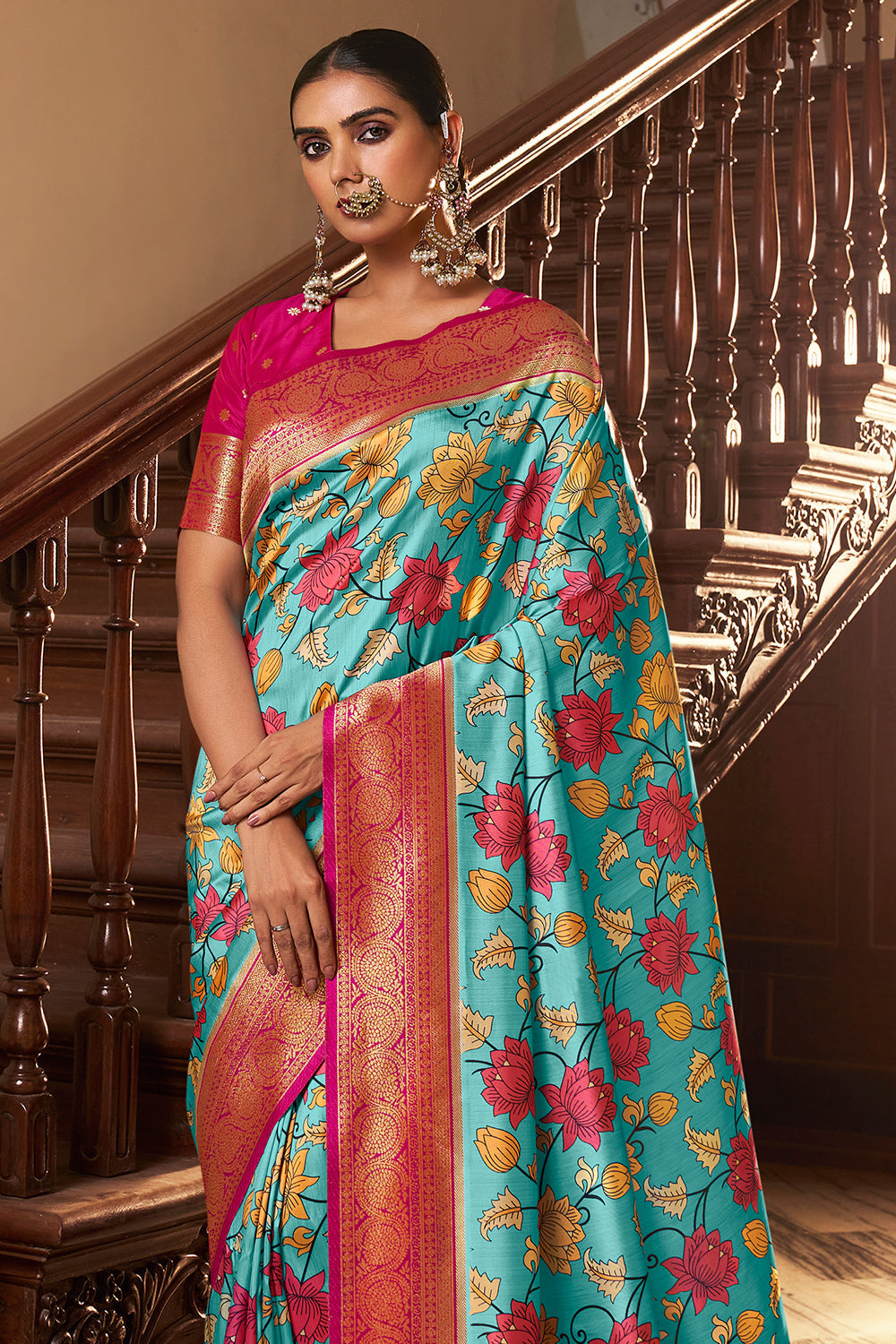 Ocean Blue Satin Crepe Saree
