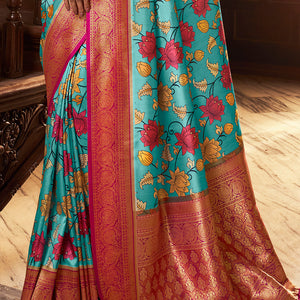 Ocean Blue Satin Crepe Saree