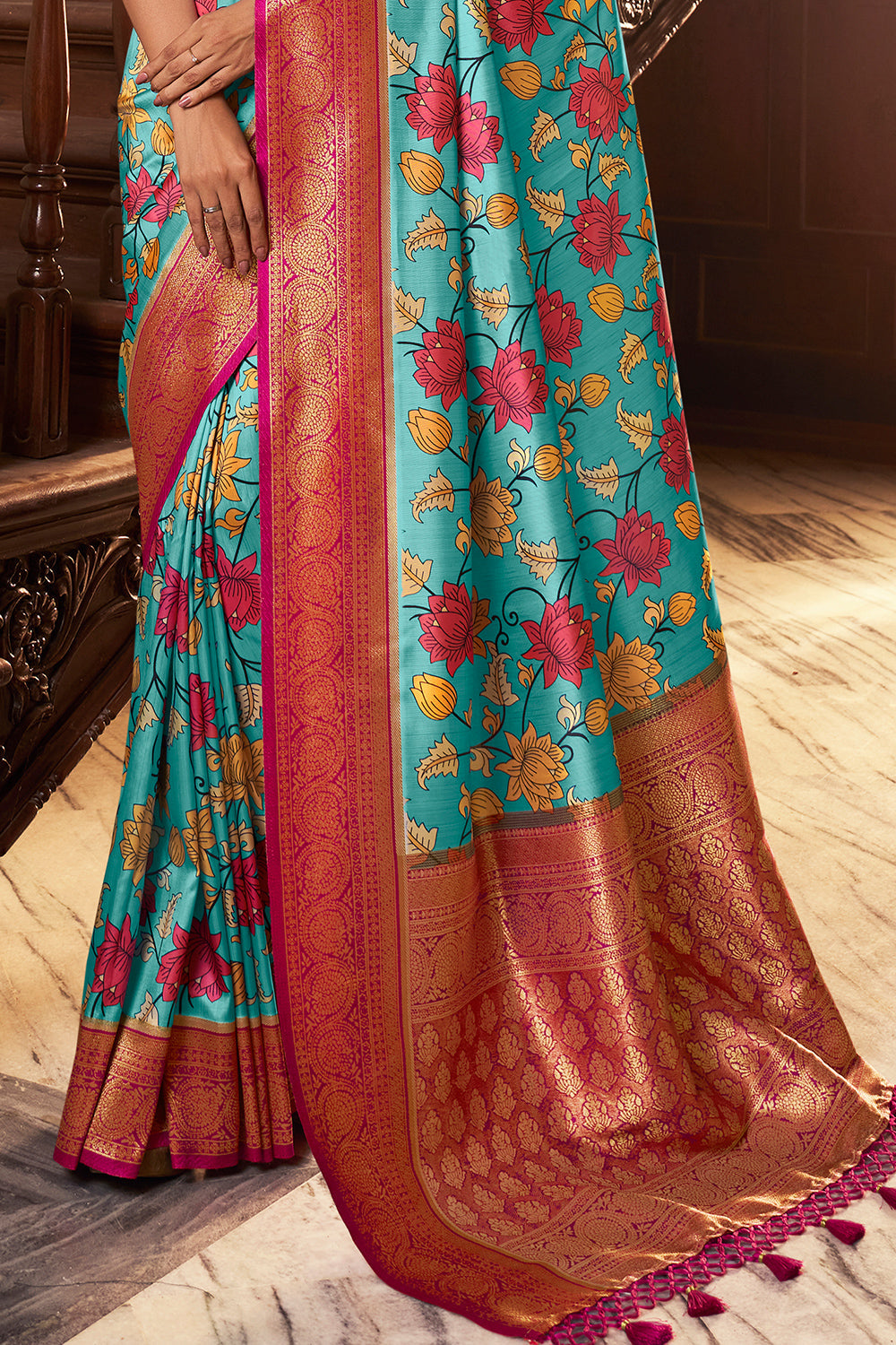 Ocean Blue Satin Crepe Saree