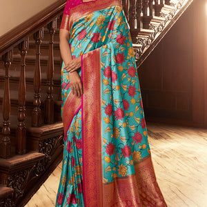Ocean Blue Satin Crepe Saree