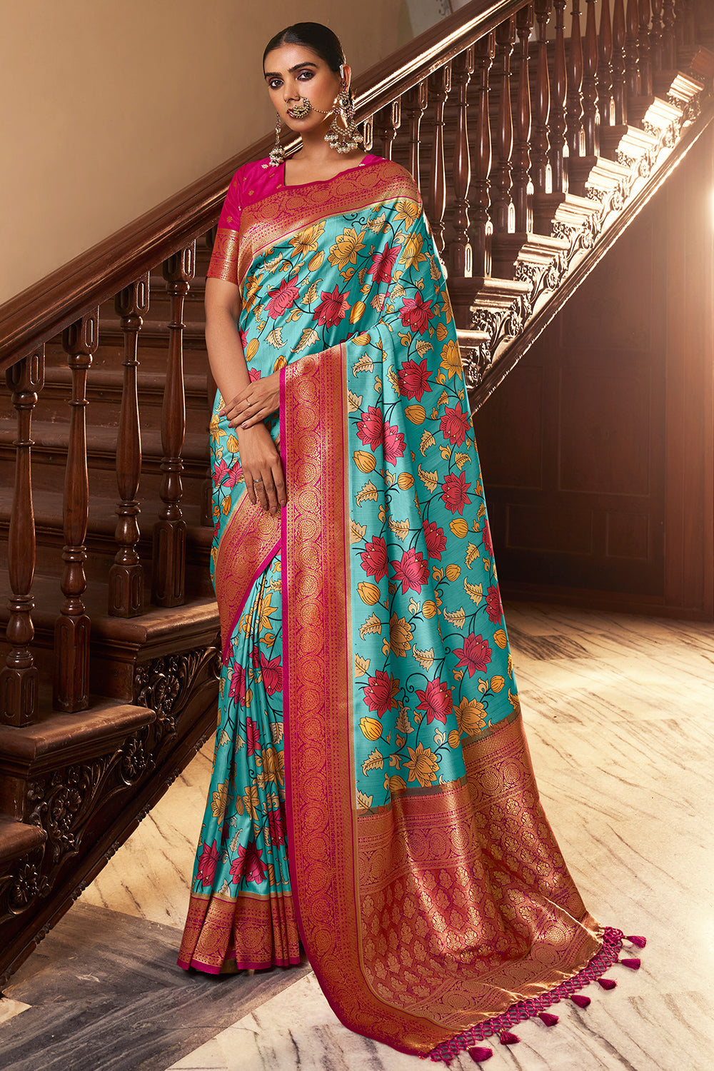 Ocean Blue Satin Crepe Saree