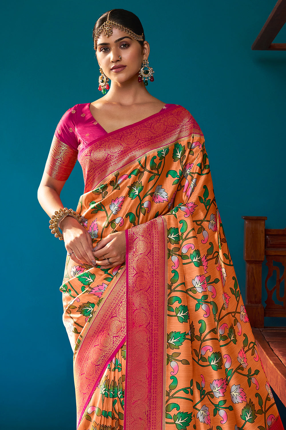 Peach Orange Satin Crepe Saree