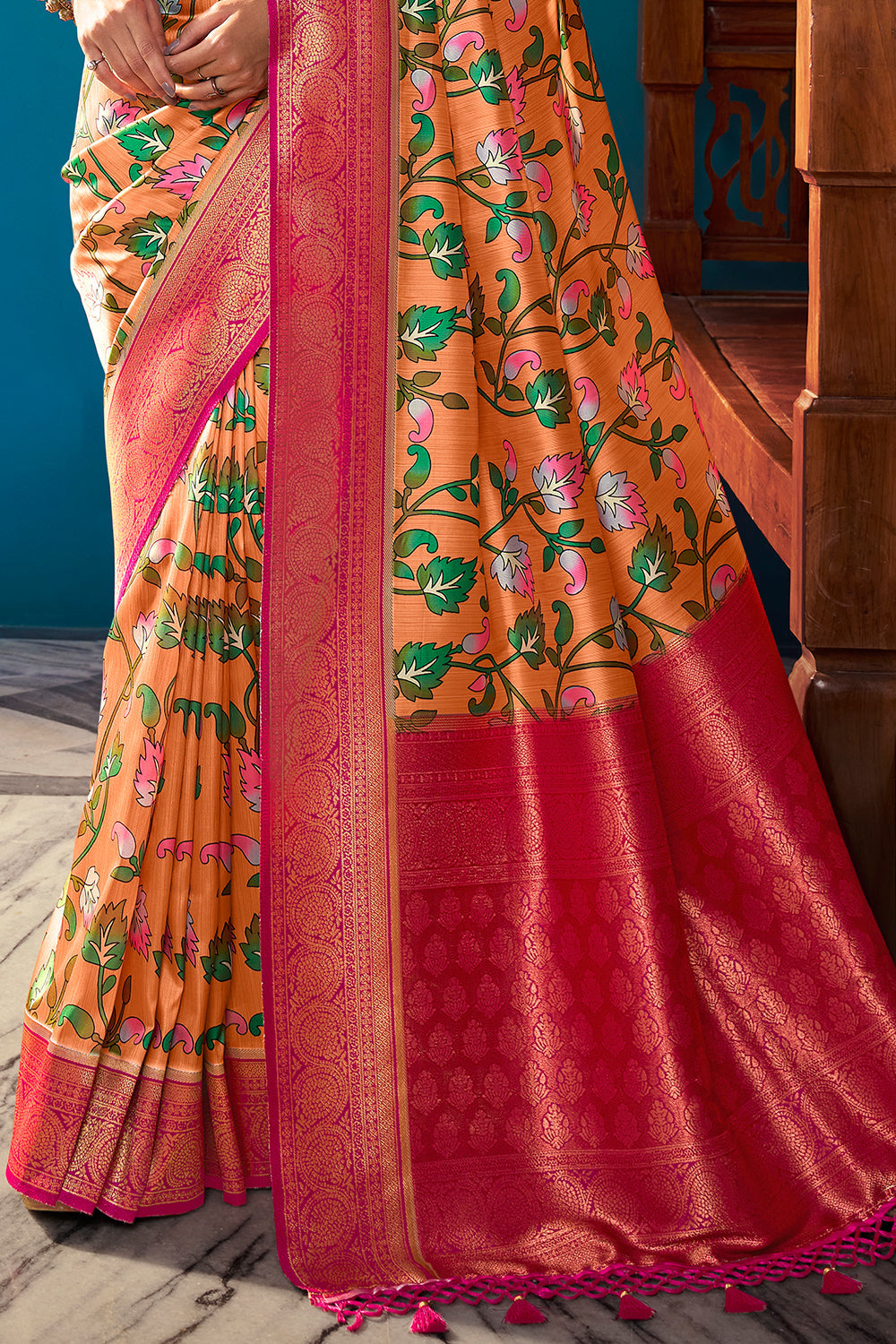 Peach Orange Satin Crepe Saree