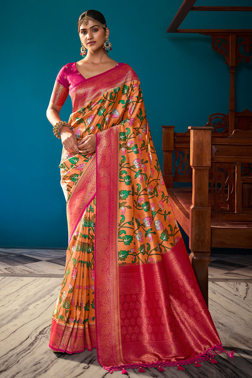 Peach Orange Satin Crepe Saree