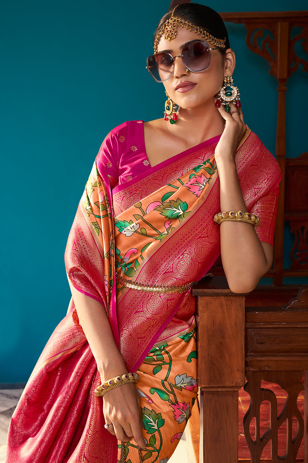 Peach Orange Satin Crepe Saree