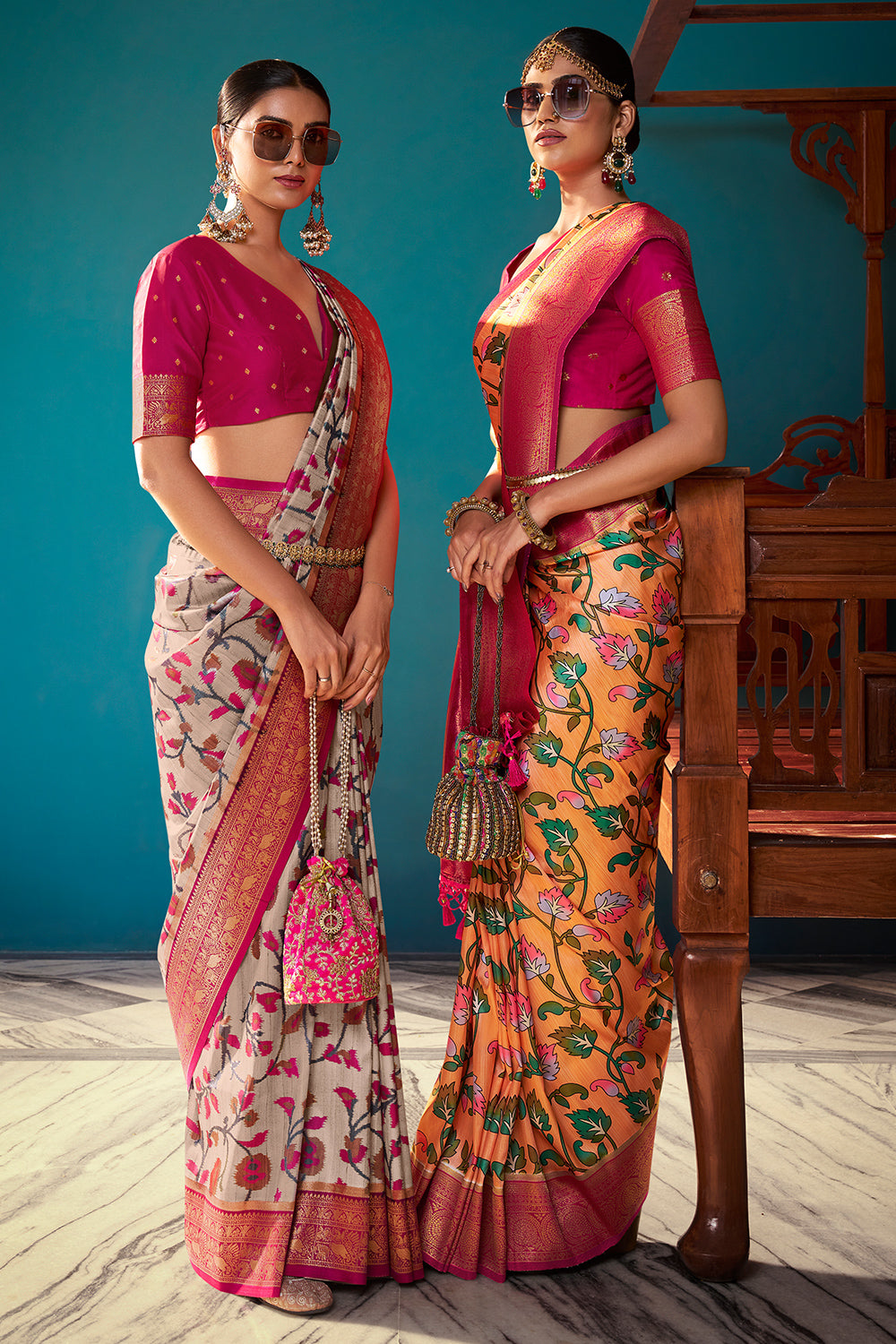 Peach Orange Satin Crepe Saree