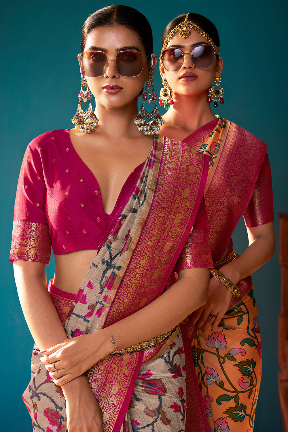 Peach Orange Satin Crepe Saree