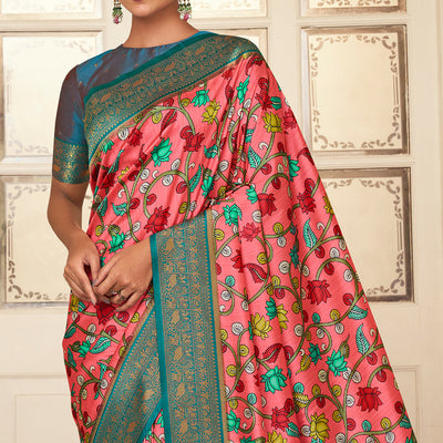 Watermelon Pink Satin Crepe Saree