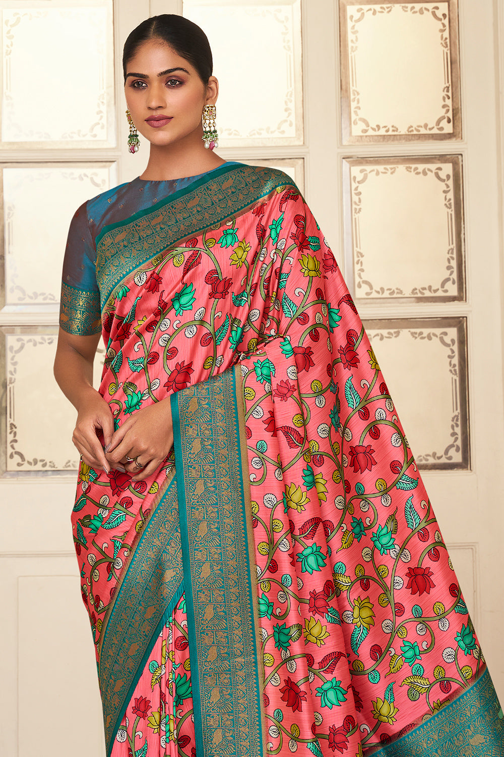 Watermelon Pink Satin Crepe Saree