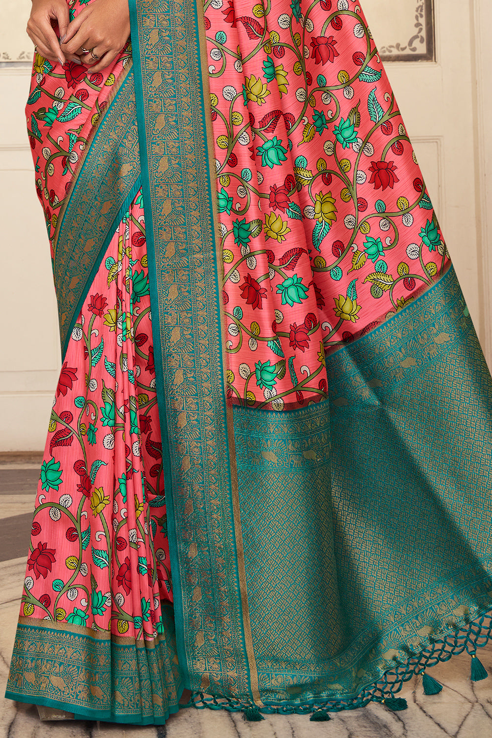 Watermelon Pink Satin Crepe Saree