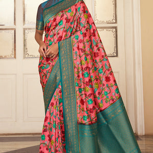 Watermelon Pink Satin Crepe Saree
