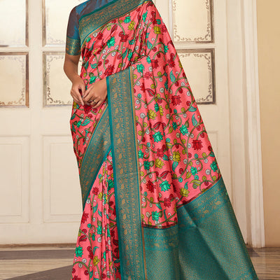 Watermelon Pink Satin Crepe Saree