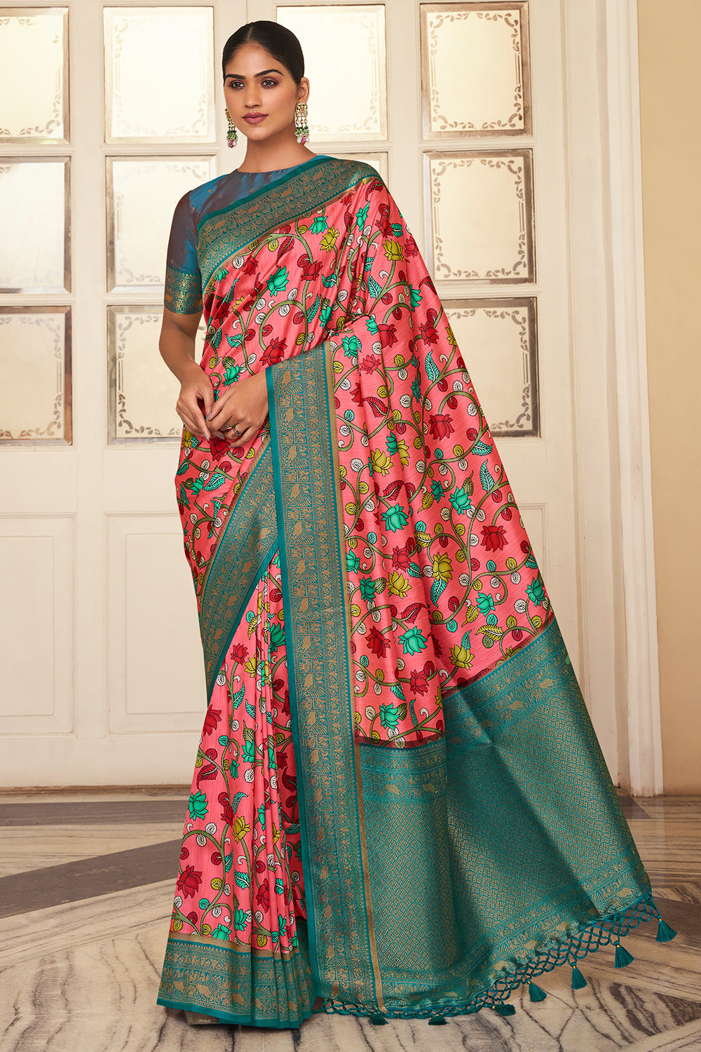 Watermelon Pink Satin Crepe Saree