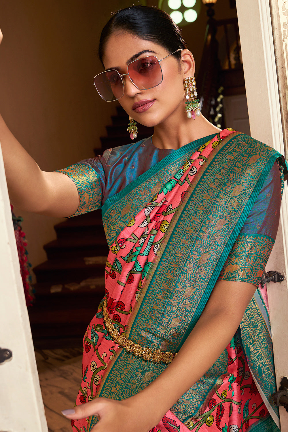 Watermelon Pink Satin Crepe Saree