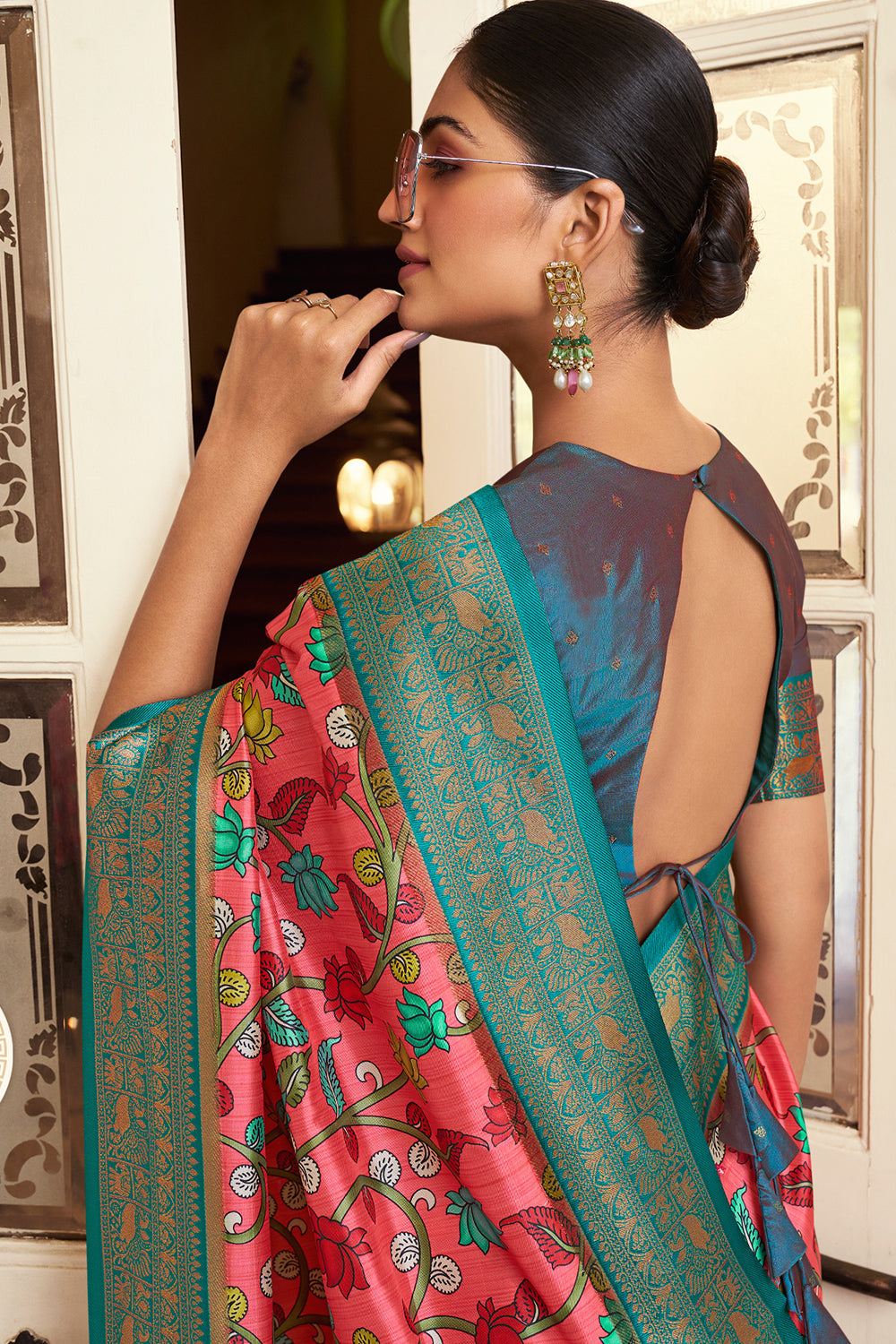 Watermelon Pink Satin Crepe Saree