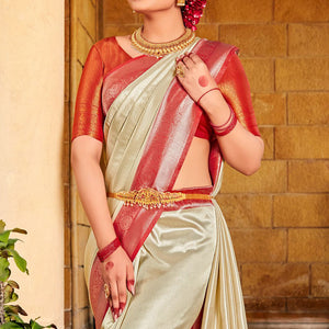 Beige And Red Kanjivaram Saree