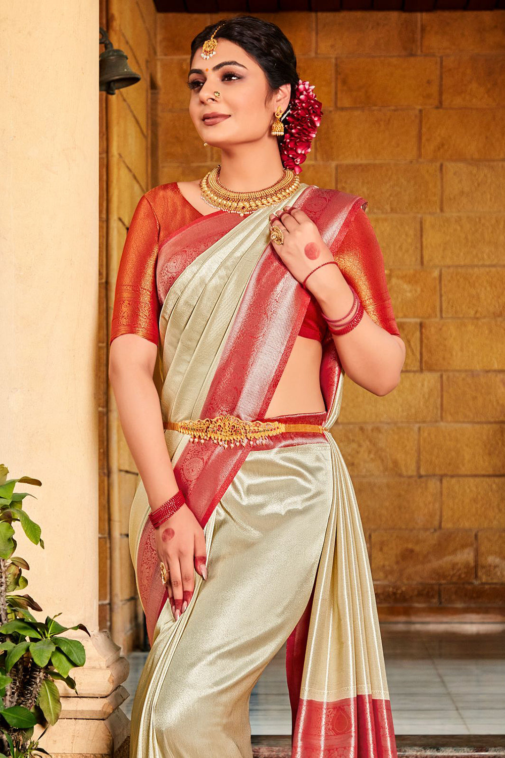 Beige And Red Kanjivaram Saree