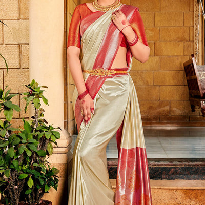 Beige And Red Kanjivaram Saree