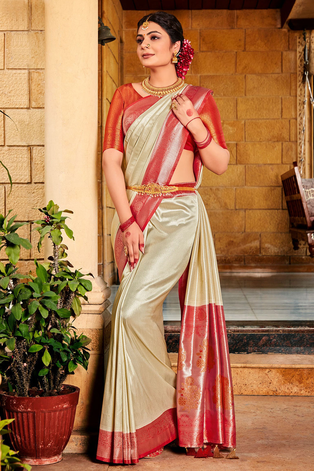 Beige And Red Kanjivaram Saree