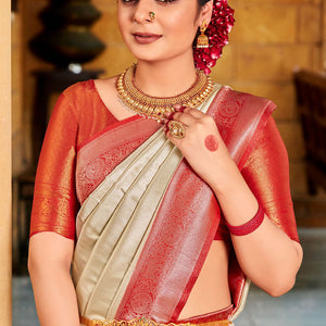 Beige And Red Kanjivaram Saree