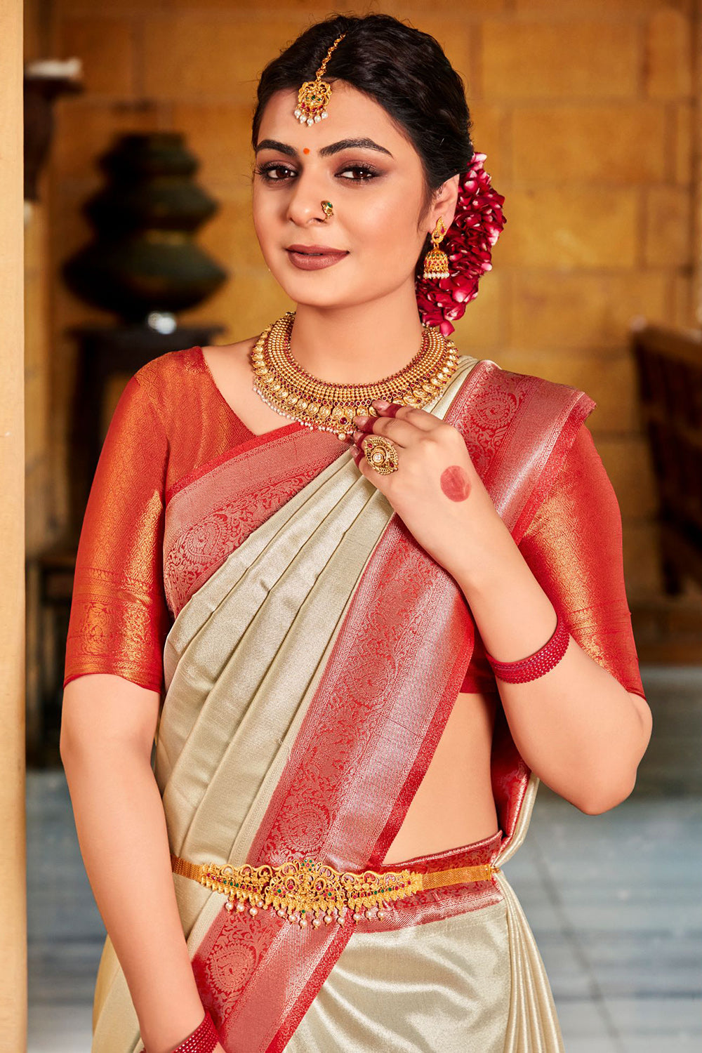 Beige And Red Kanjivaram Saree