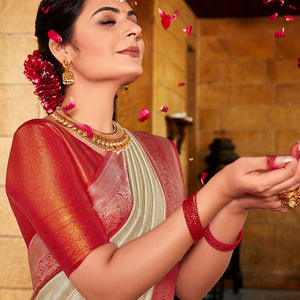 Beige And Red Kanjivaram Saree