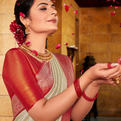 Beige And Red Kanjivaram Saree