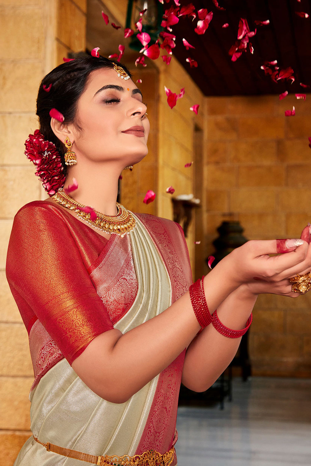 Beige And Red Kanjivaram Saree