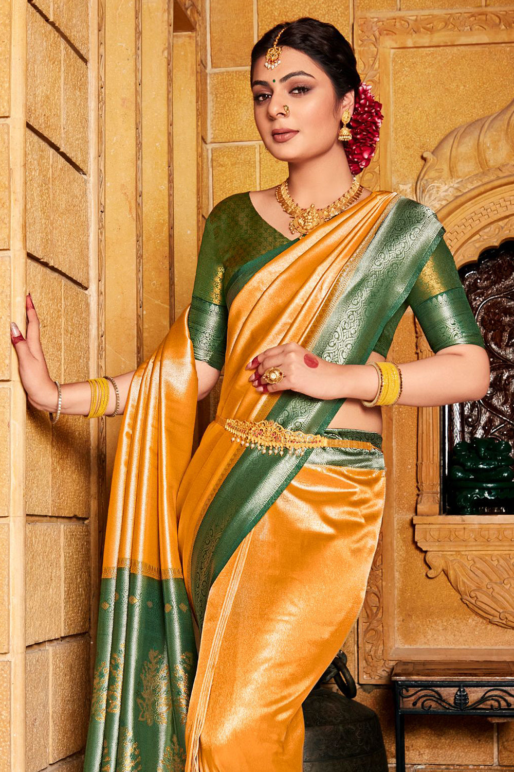 Yellow And Green Kanjivaram Saree