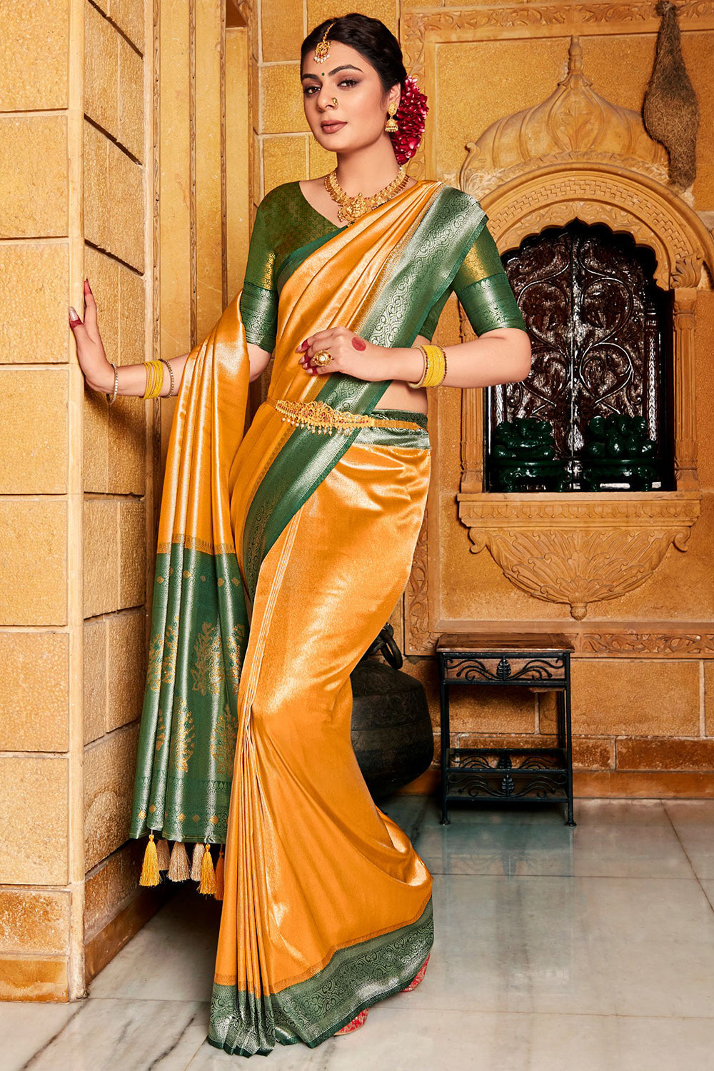 Yellow And Green Kanjivaram Saree