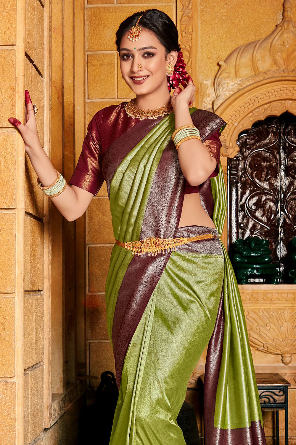 Green And Wine Kanjivaram Saree