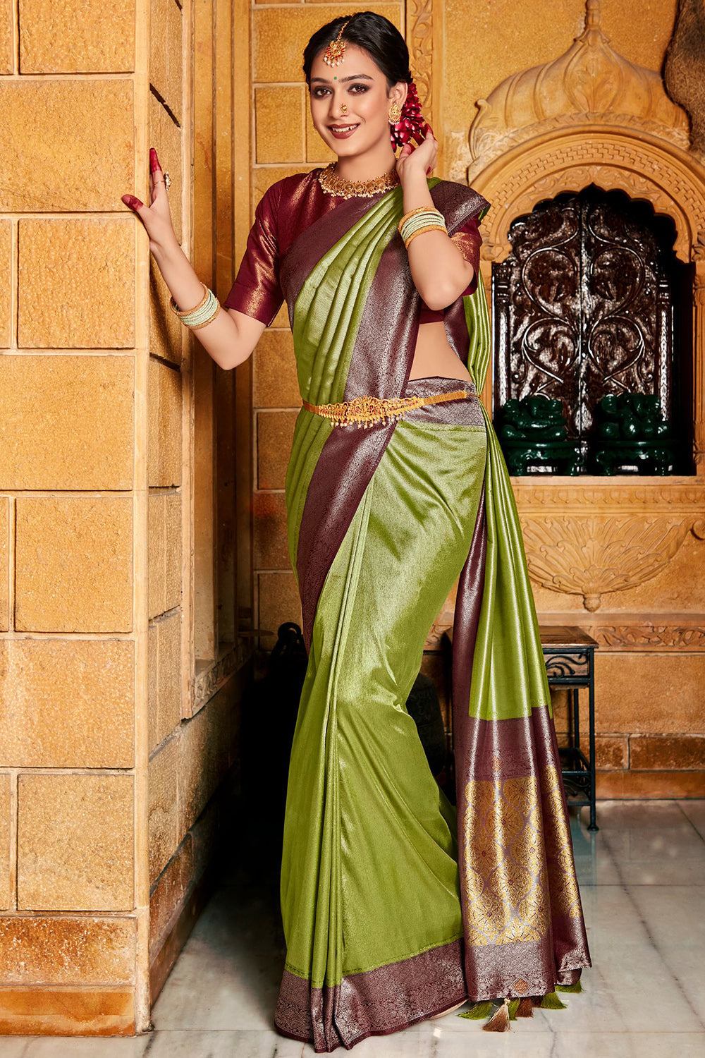 Green And Wine Kanjivaram Saree