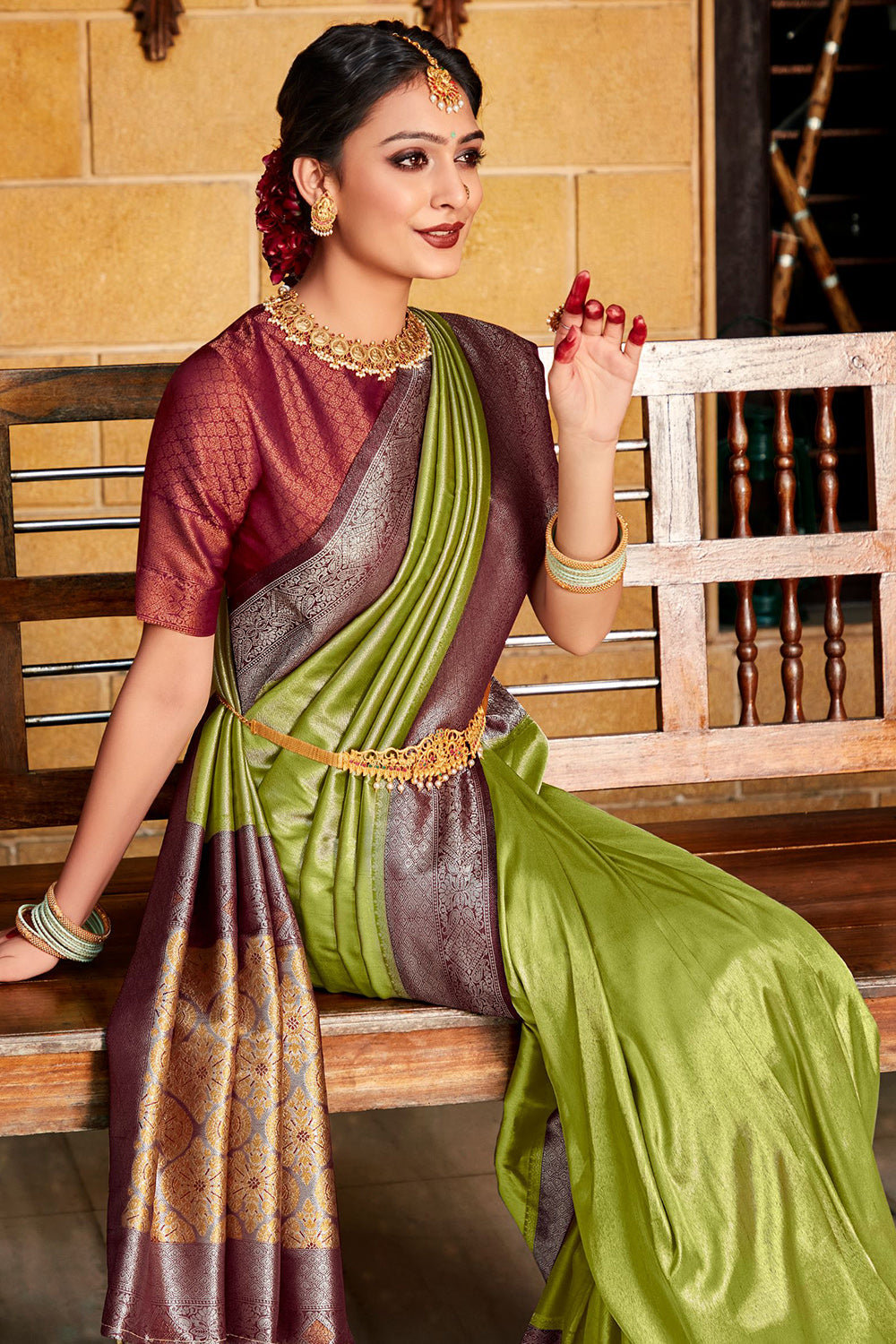 Green And Wine Kanjivaram Saree