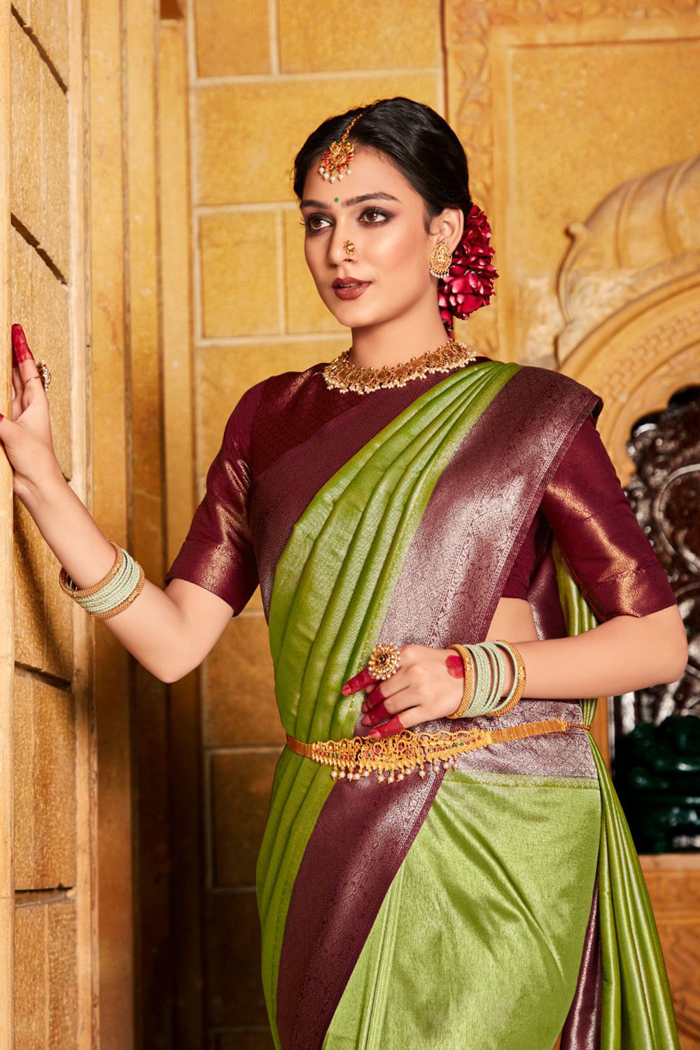 Green And Wine Kanjivaram Saree