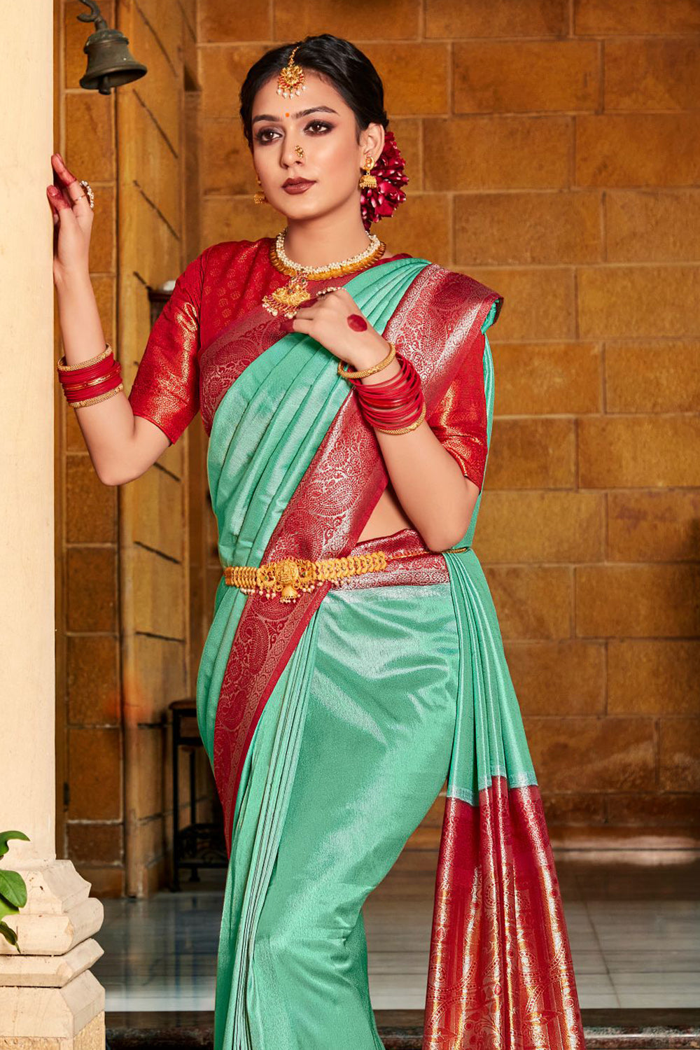 Green And Red Kanjivaram Saree