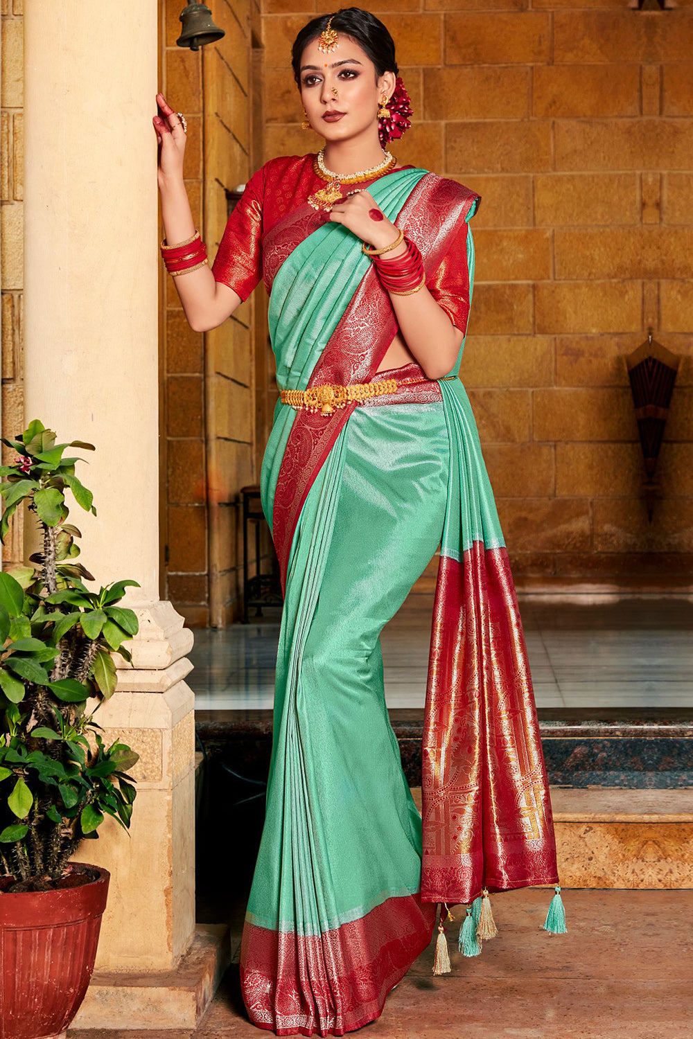 Green And Red Kanjivaram Saree