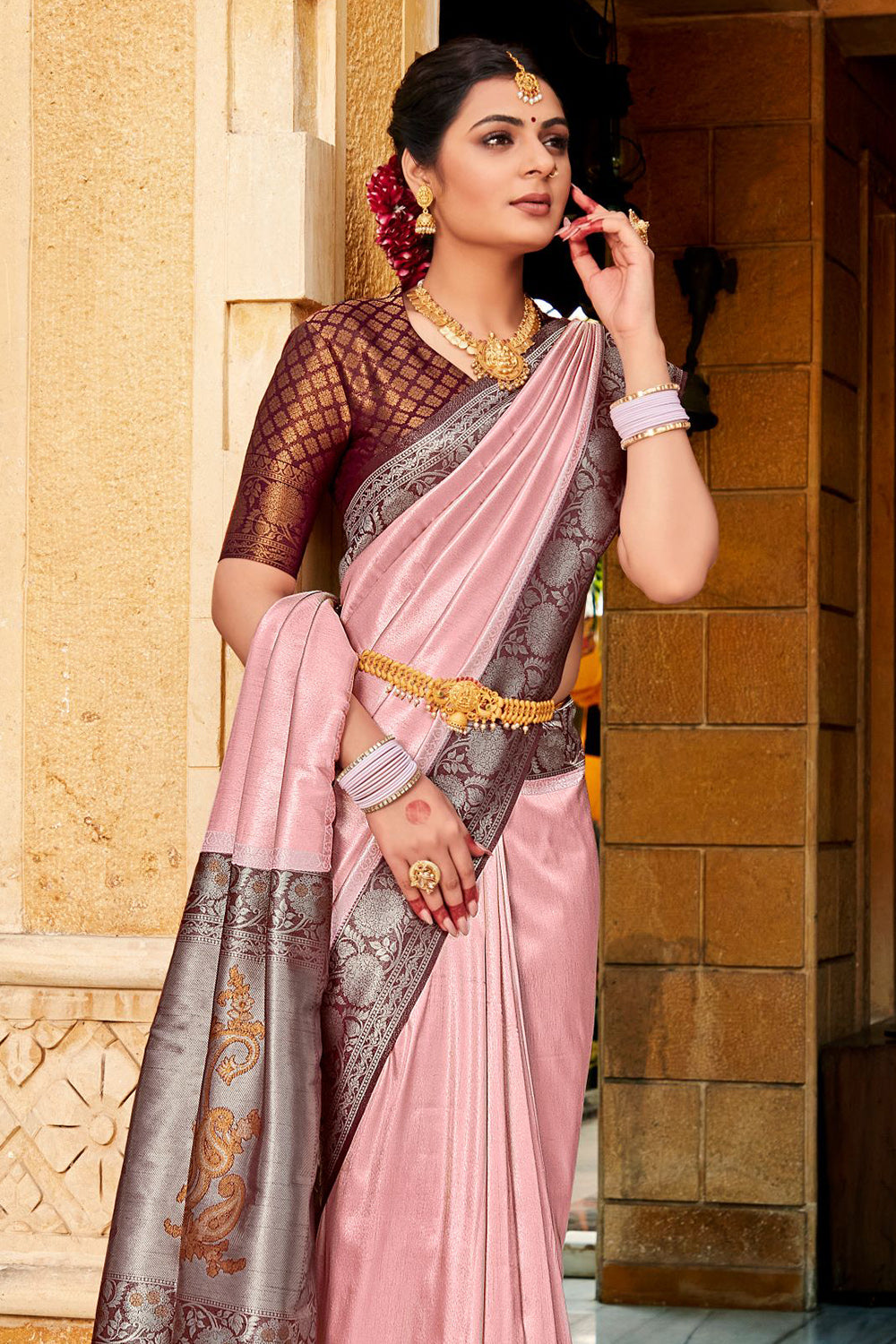 Pink And Wine Kanjivaram Saree