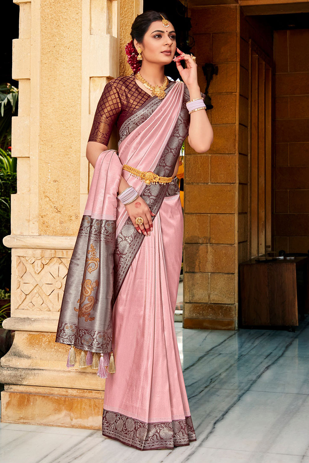 Pink And Wine Kanjivaram Saree