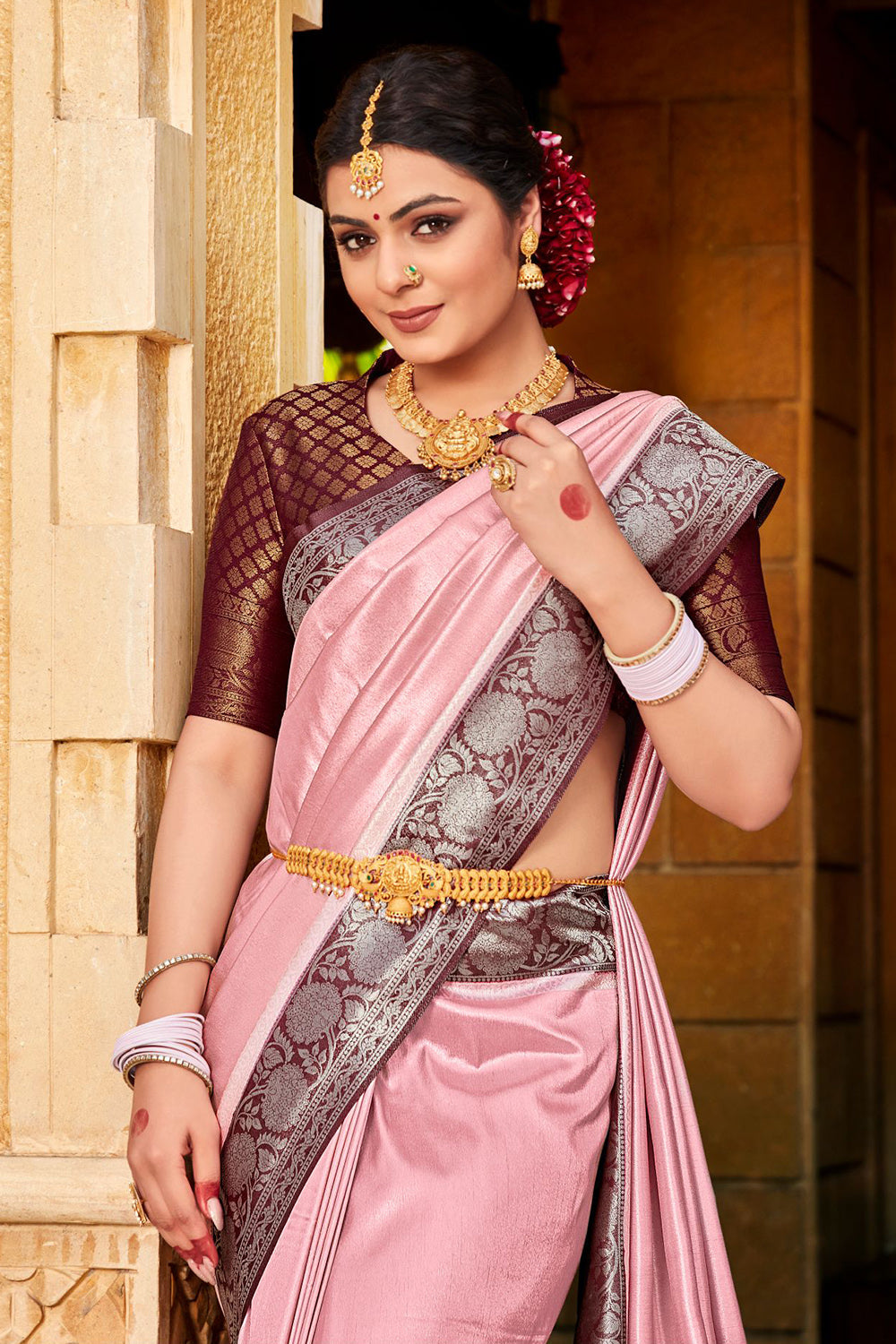 Pink And Wine Kanjivaram Saree