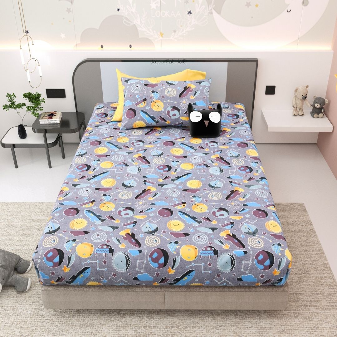 Future Astronaut Purple Soft Cotton Kids Bed Sheet Combo of 2