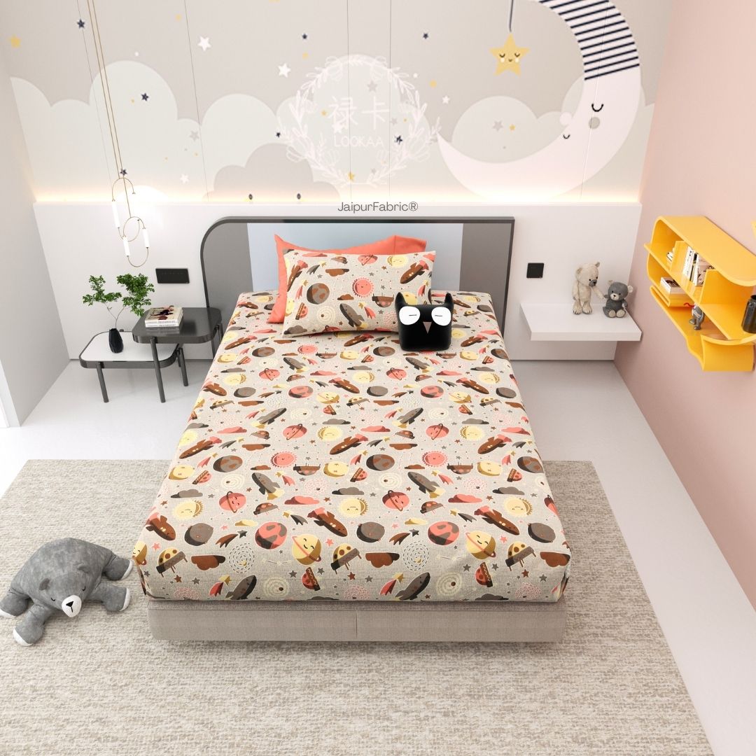 Future Astronaut Beige Soft Cotton Kids Bed Sheet