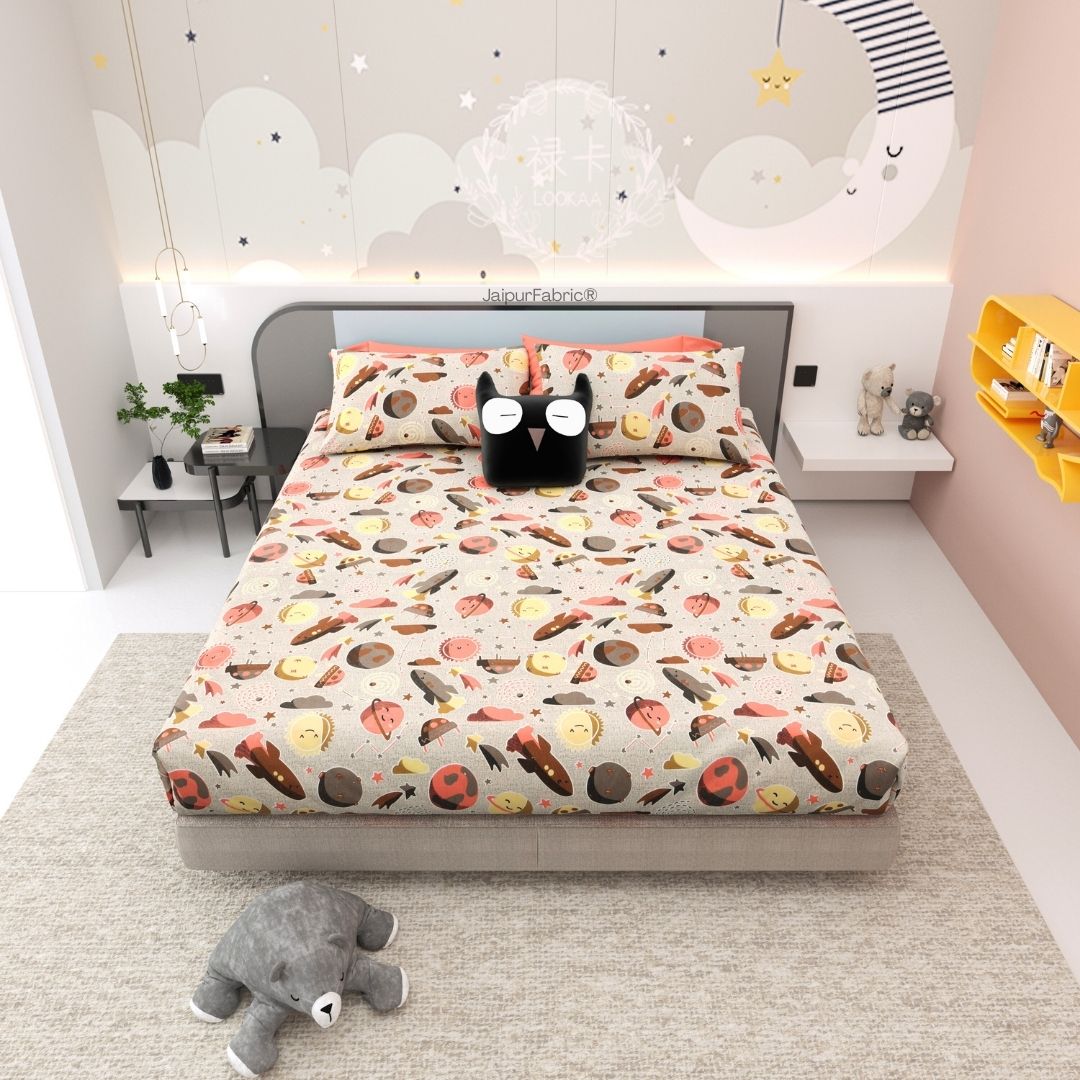 Future Astronaut Beige Soft Cotton Kids Bed Sheet