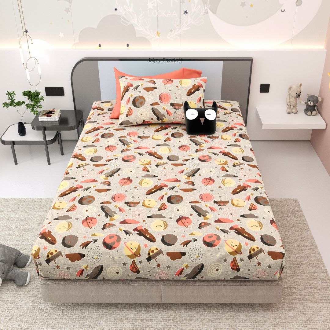Future Astronaut Beige Soft Cotton Kids Bed Sheet