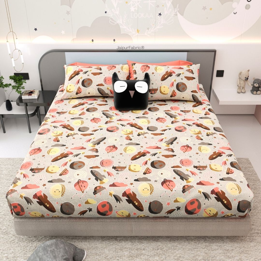 Future Astronaut Beige Soft Cotton Kids Bed Sheet