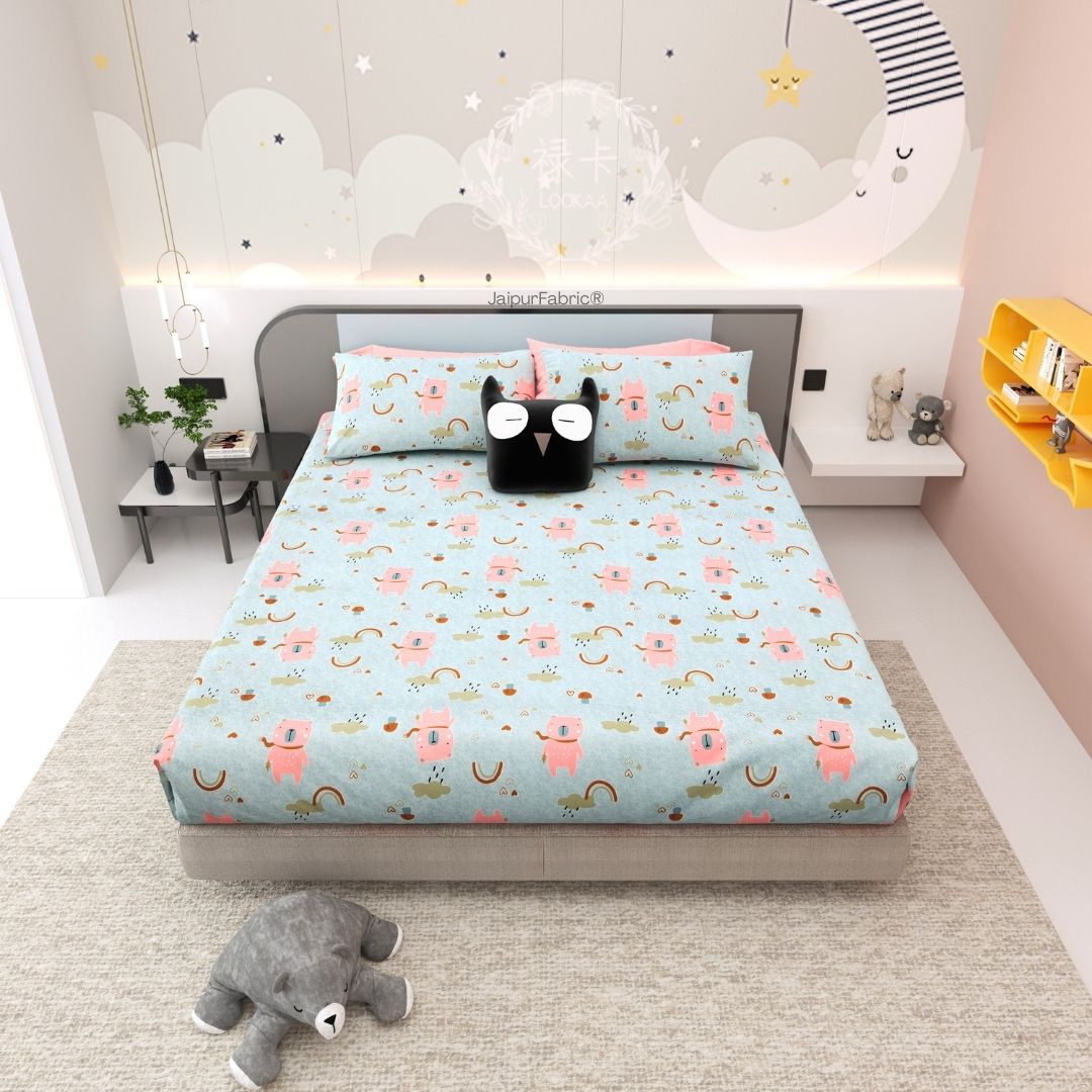 Playtime Pals Blue Pastel Soft Cotton Kids Bed Sheet