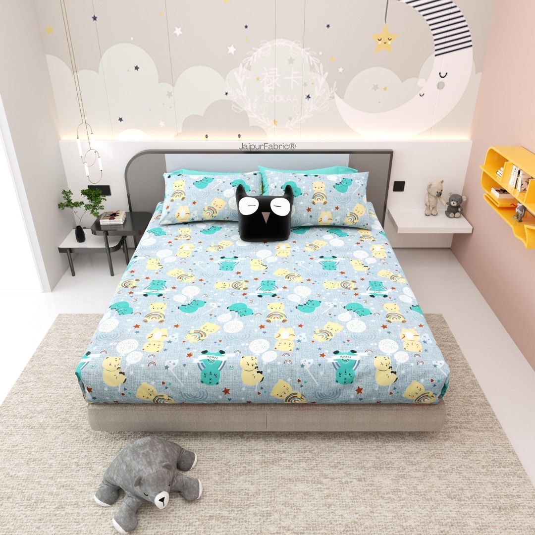 Cuteness Overloaded Blue Soft Cotton Kids Bed Sheet