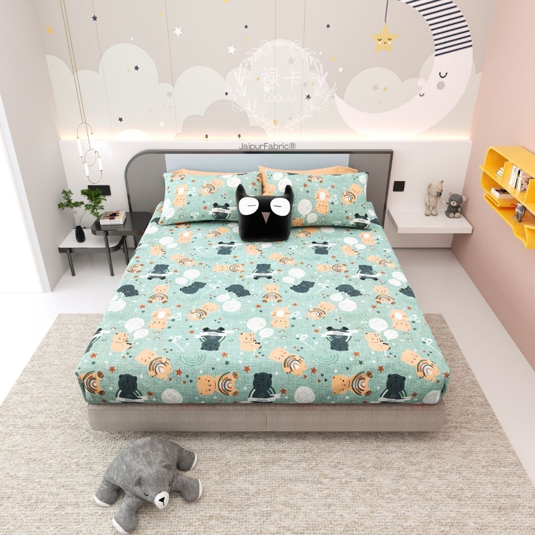 Cuteness Overloaded Green Soft Cotton Kids Bed Sheet