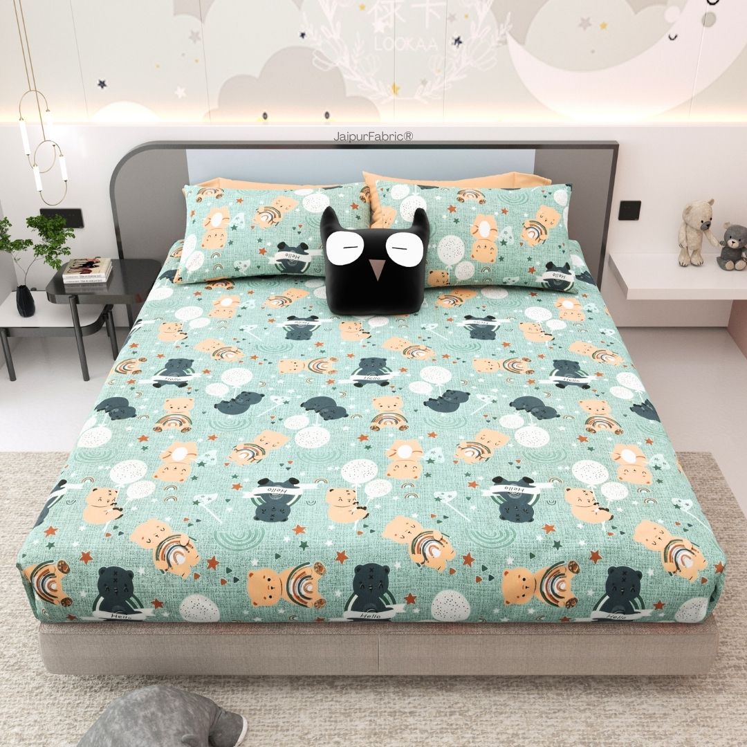 Cuteness Overloaded Green Soft Cotton Kids Bed Sheet