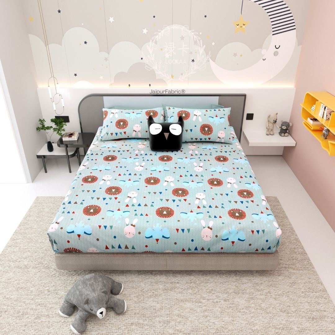 Animal Carnival Pastel Blue Soft Cotton Kids Bed Sheet